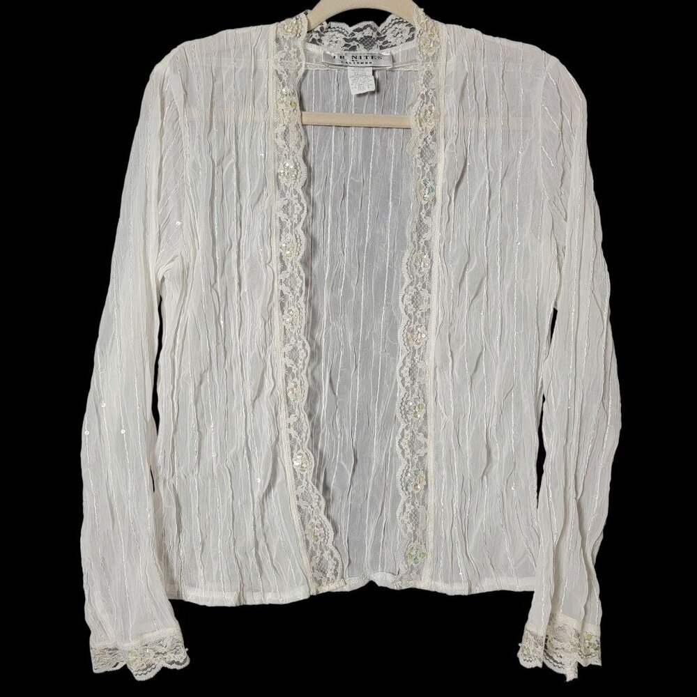 J.R. Nites by Caliendo VTG White Sheer Sequin Lace Trim Bridal Long Sleeve Top 6